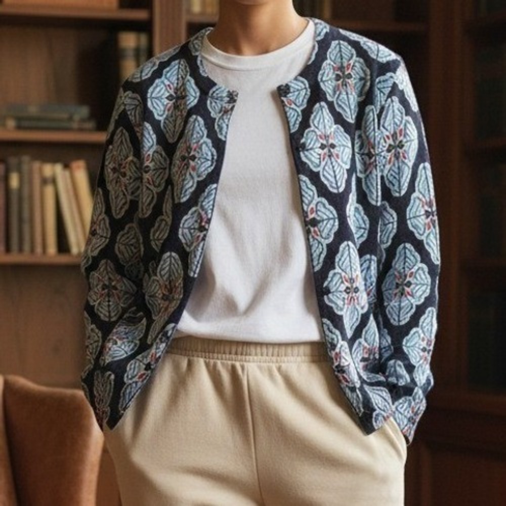 Crown & Ivy Cardigan Large Navy Blue Geometric Diamond Print Button Up Sweater
